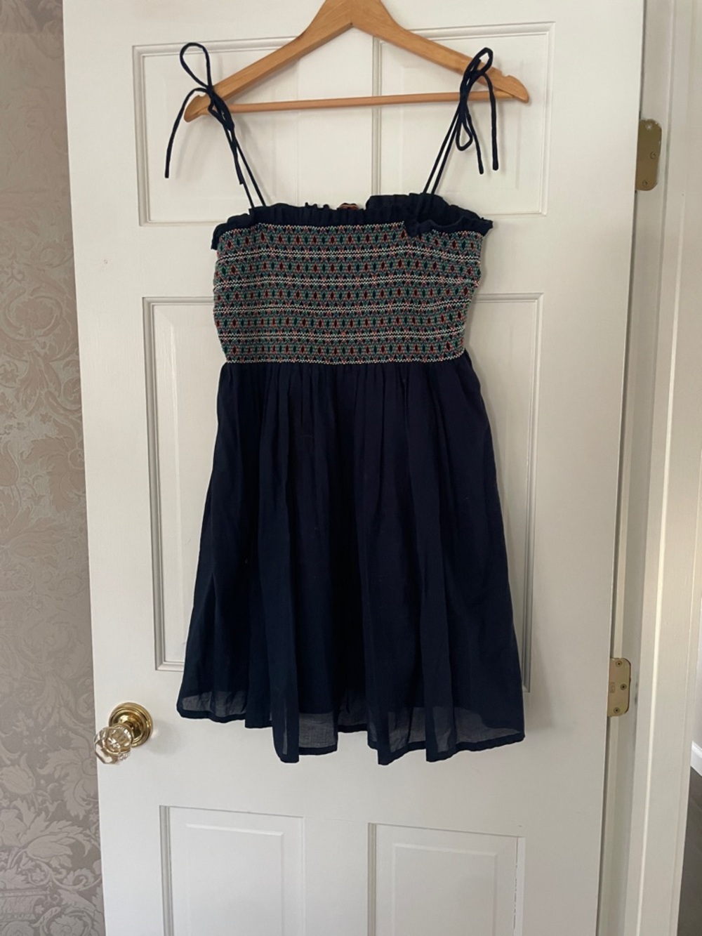 Tory Burch L   Navy Smocked Sundress with Multicolor Embroidery